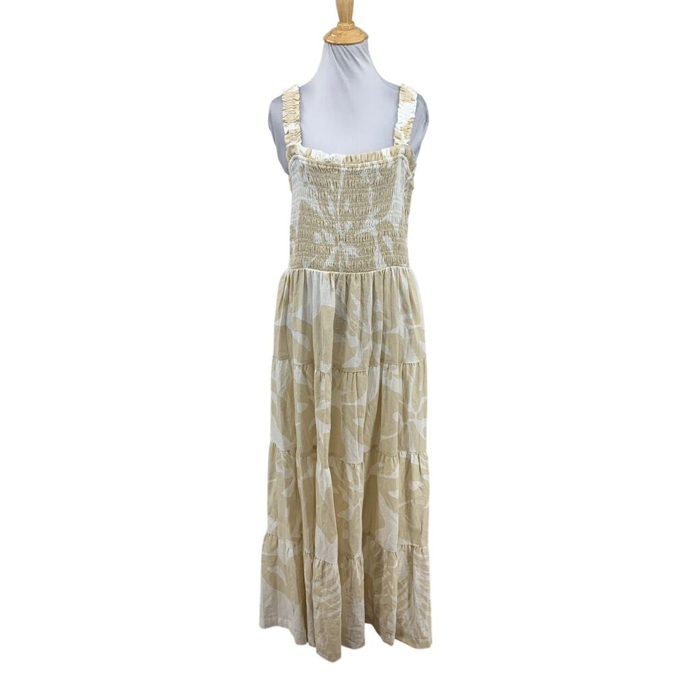 Gap Dress Womens XL White Beige Linen Blend Tiered Floral Pockets Smocked Maxi
